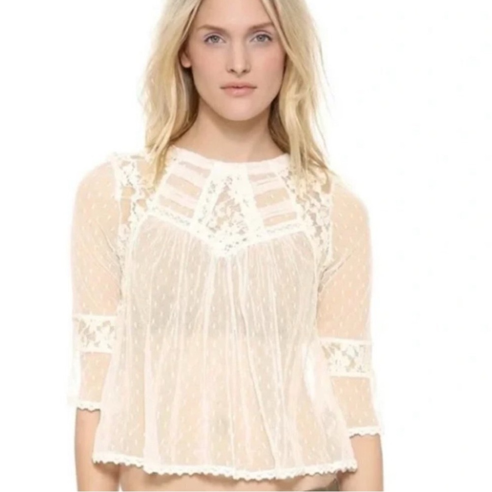 Free People Modern Romance Sheer Lace Cream Top Small